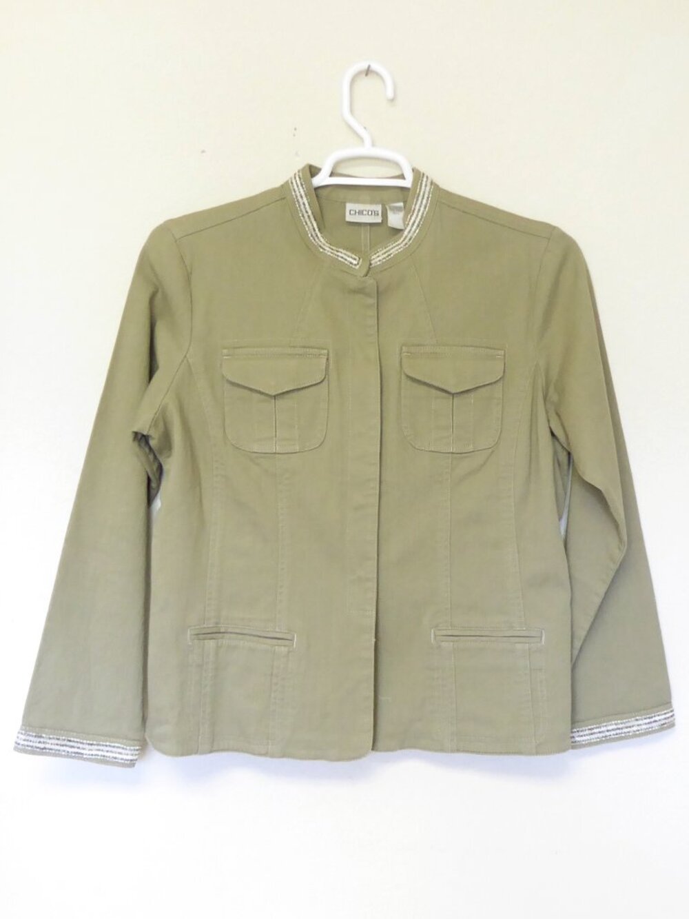 Chico's light khaki denim mandarin collar beaded trim jacket size 2 / Large